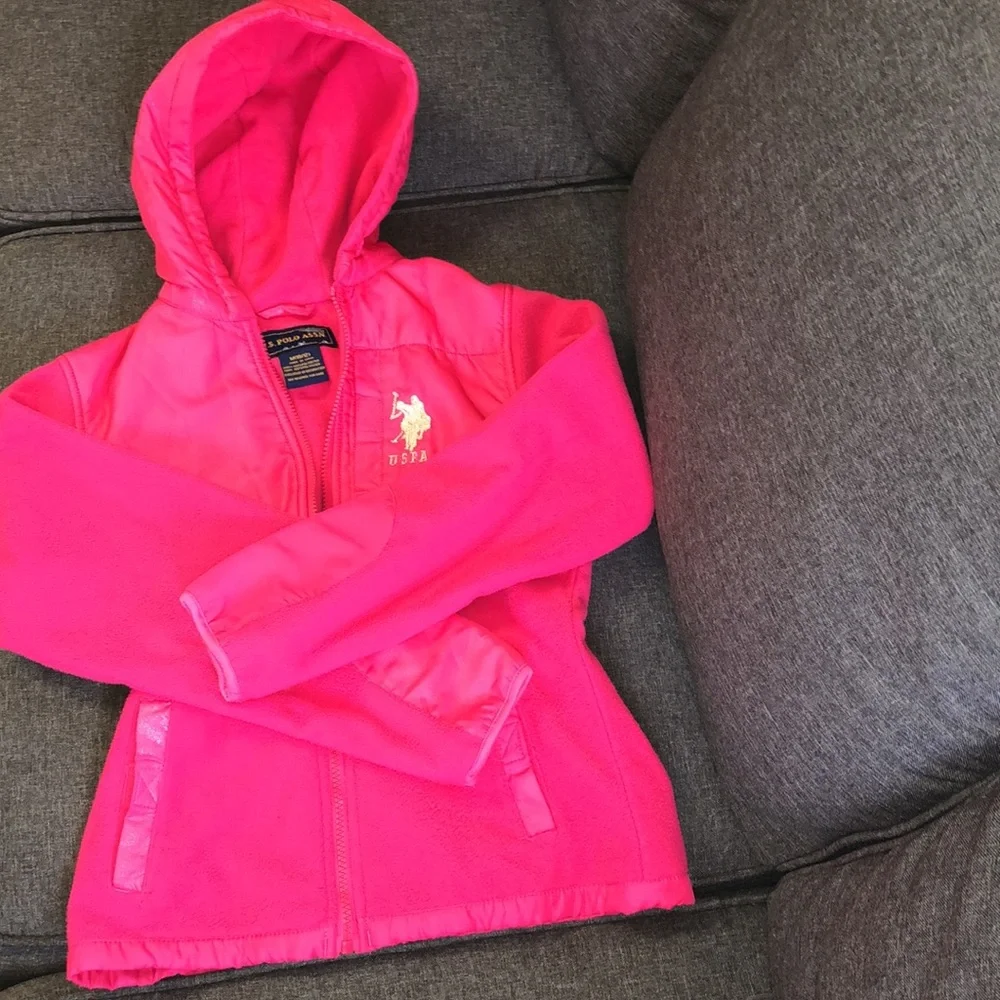 U.S. Polo Assoc. Girl’s Pink Plush Zip Hooded Jacket Pockets Arm Patches M